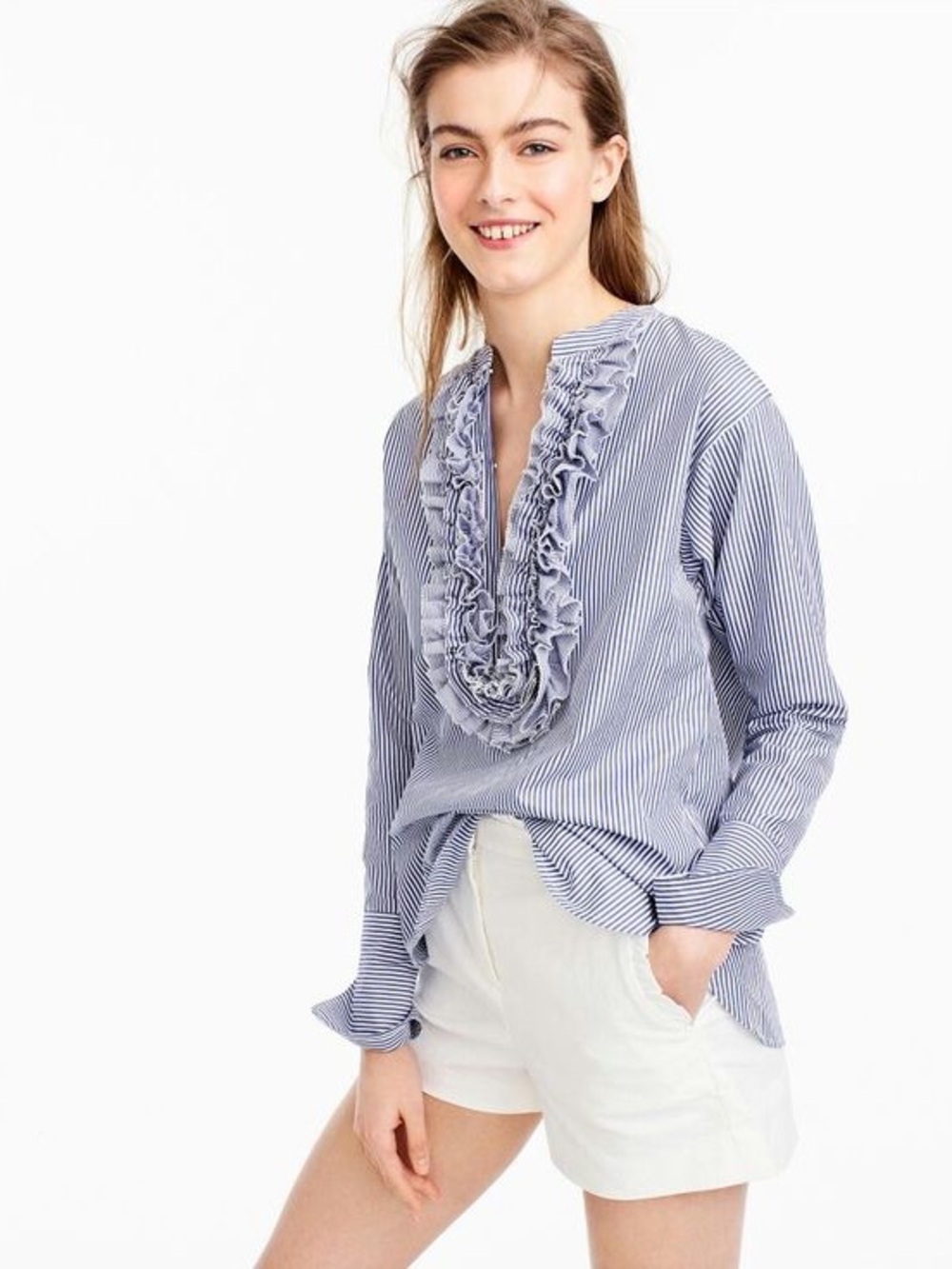 J Crew Striped Ruffled Popover Blouse